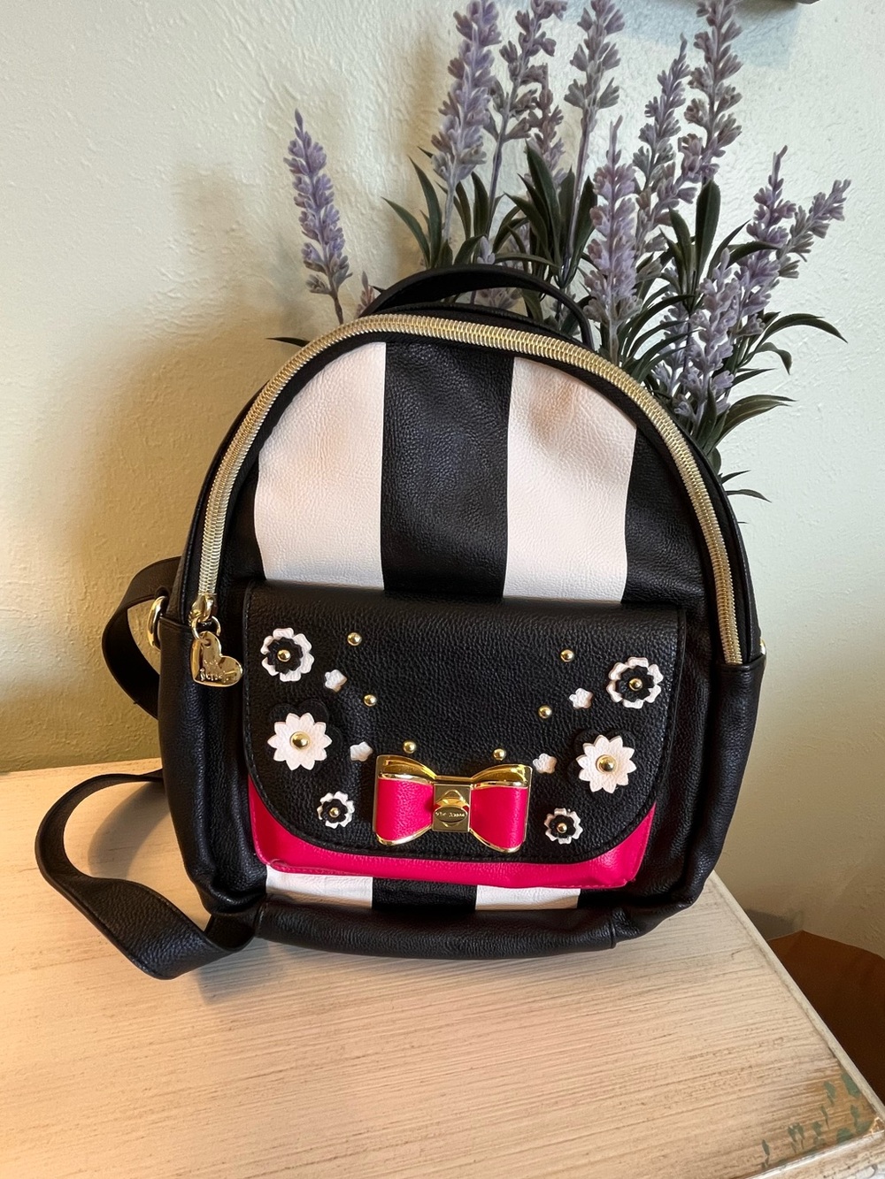 Betsey Johnson Convertible Mini Backpack Black & White Stripe w/ Pink